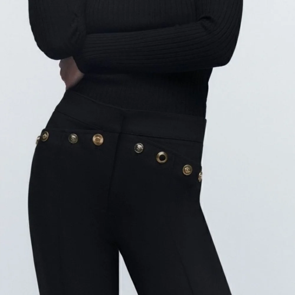 ZARA Black Flared Dress pants With Gold Buttons Size USA Medium